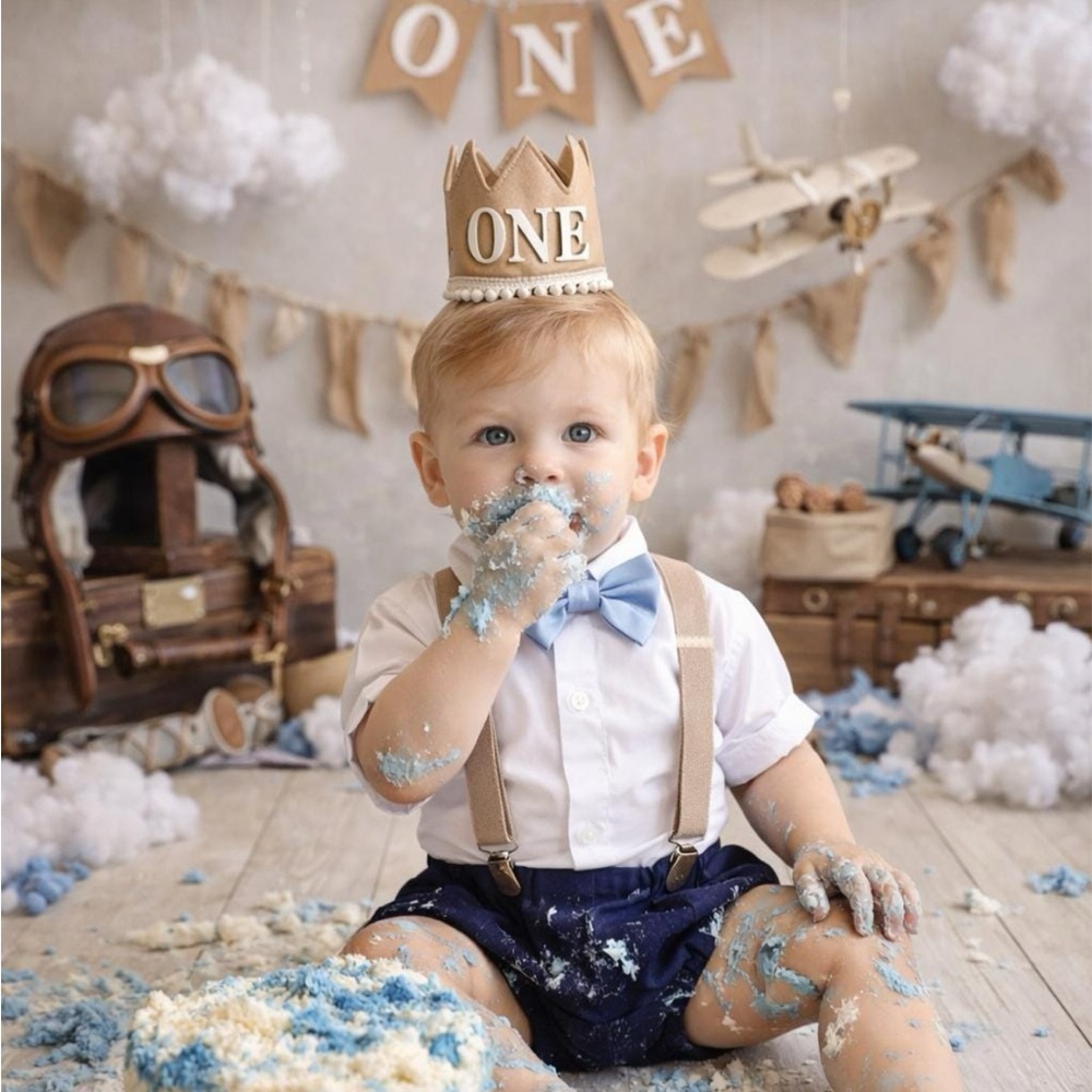Aviator Blue, navy and beige cake smash outfit